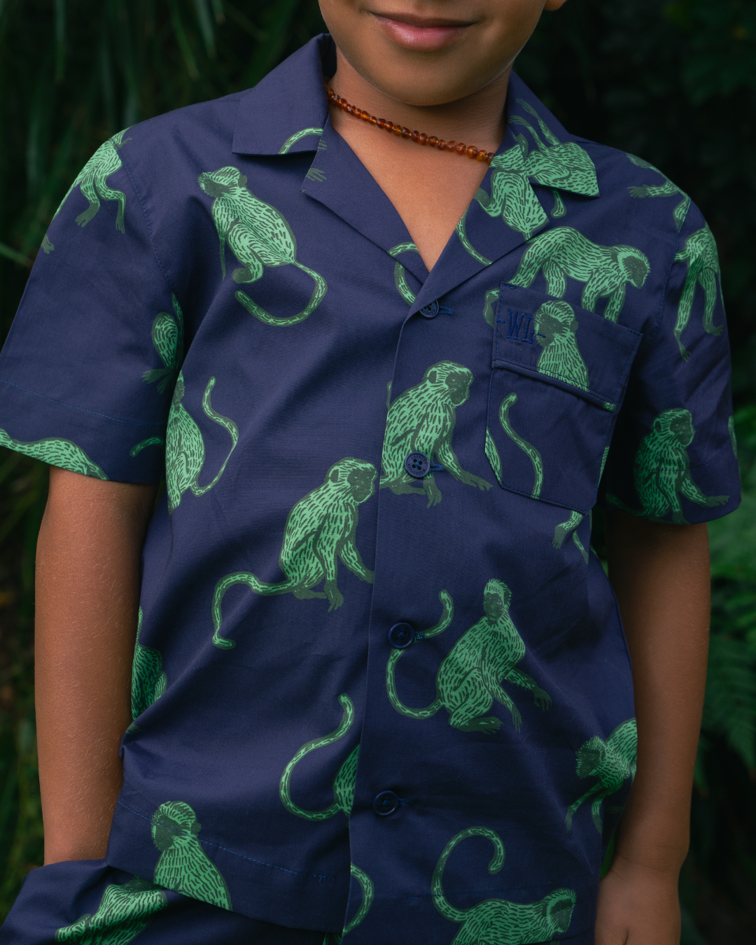 Boys Short Pyjamas - Green Monkey on Navy