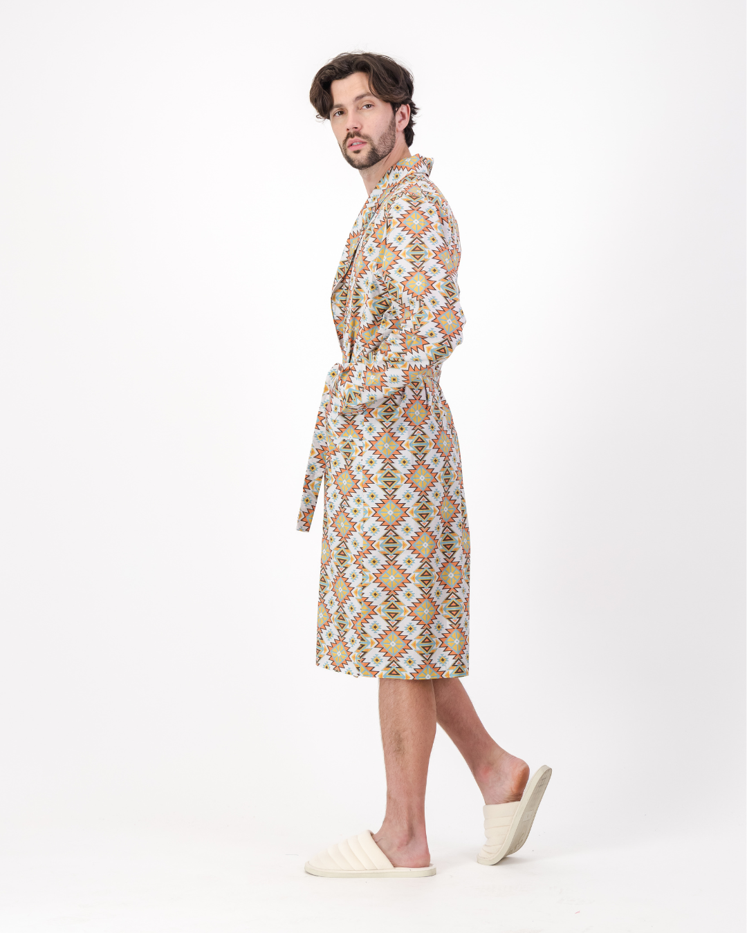 Mens Dressing Gown - Aztec Off White