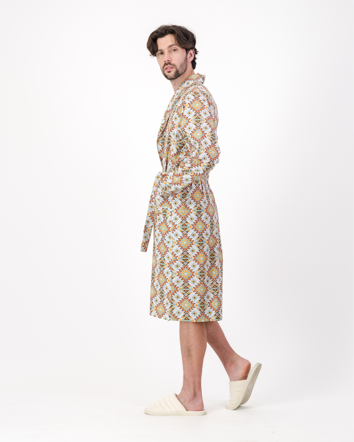 Mens Dressing Gown - Aztec Off White