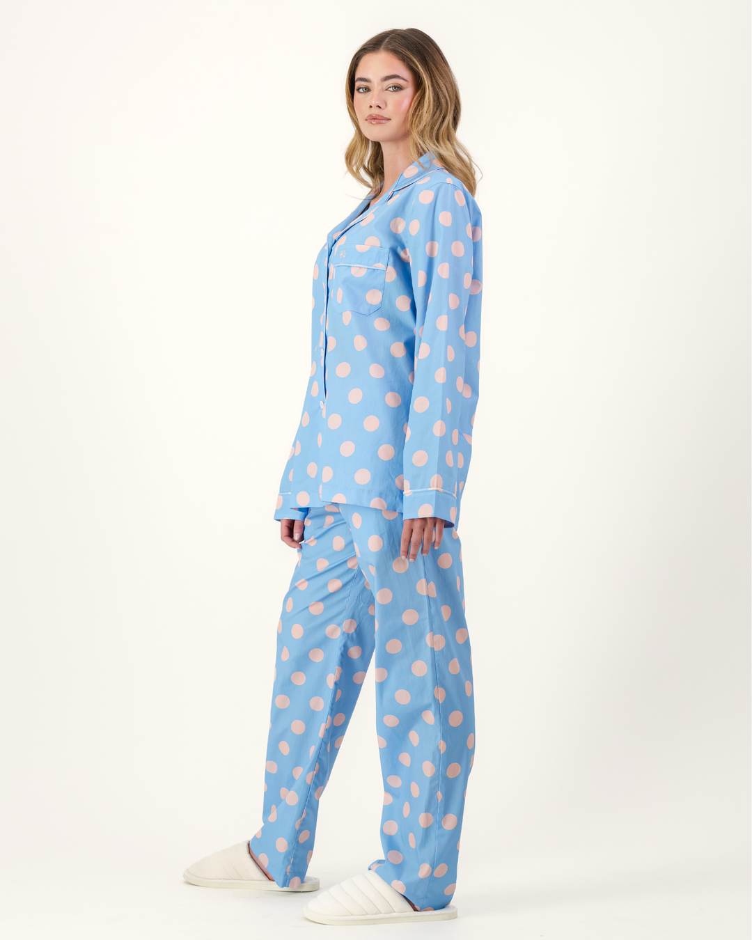 Womens Long Pyjamas - Pink Polka on Baby Blue