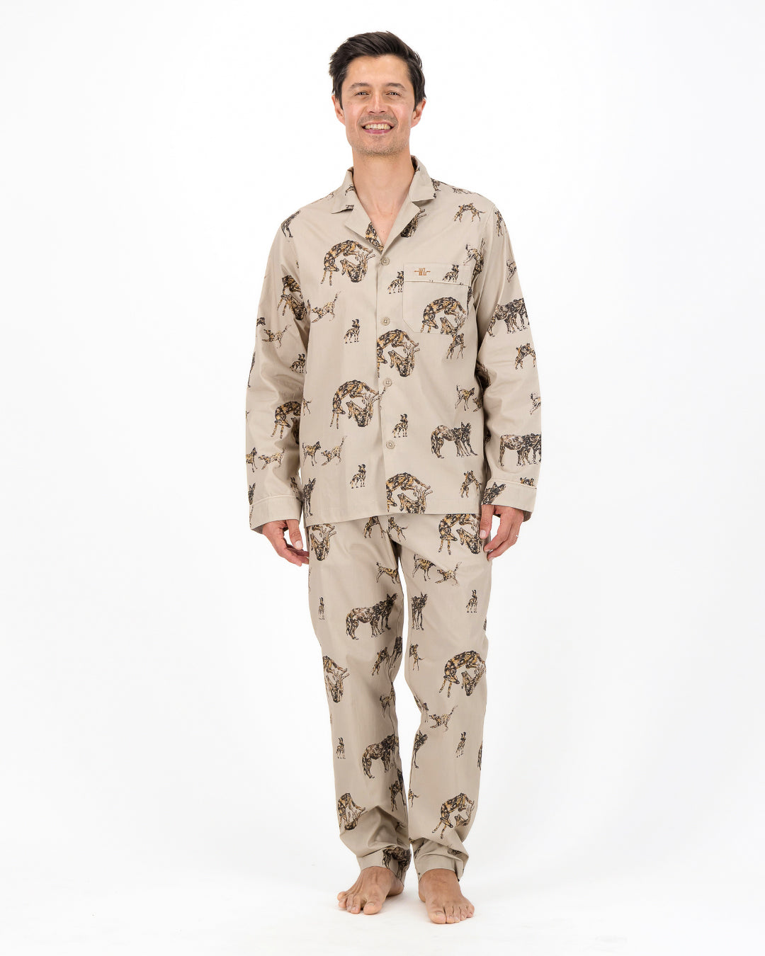 Mens Long Pyjamas - Wild Dogs on Beige
