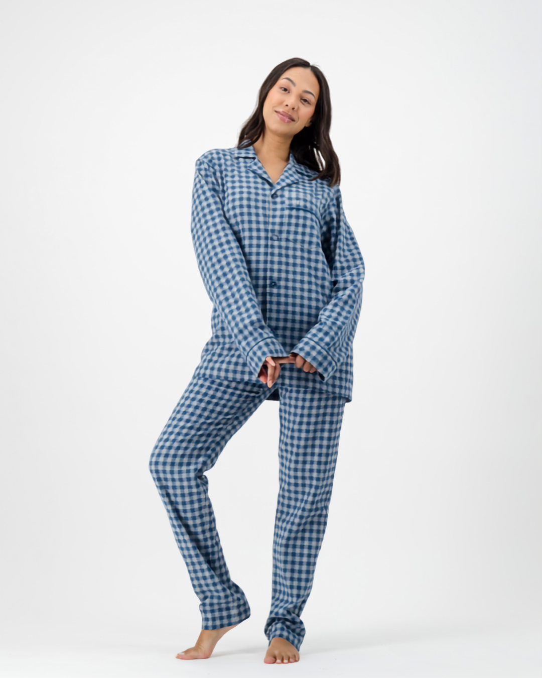 Womens Long Pyjamas - Grey Gingham on Navy
