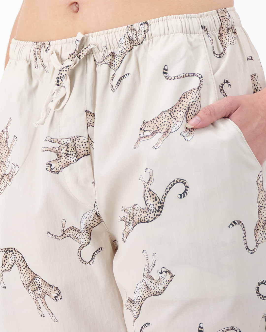 Womens Lounge Pants - Jumping Cheetah on Beige