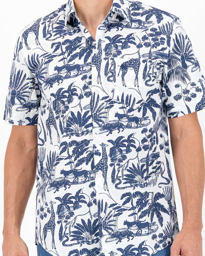 Mens Holiday Shirt - Navy Mono Safari on White