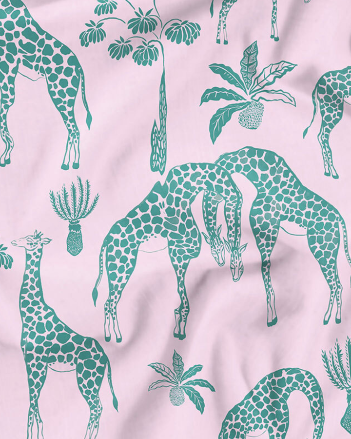 Womens Dressing Gown - Green Giraffes on Pink