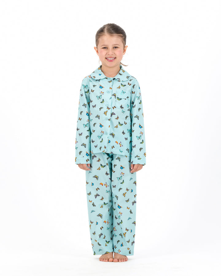 Girls Long Pyjamas - Butterflies on Blue