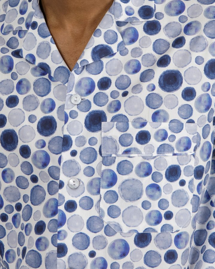 Mens Long Pyjamas - Blue Dots on White