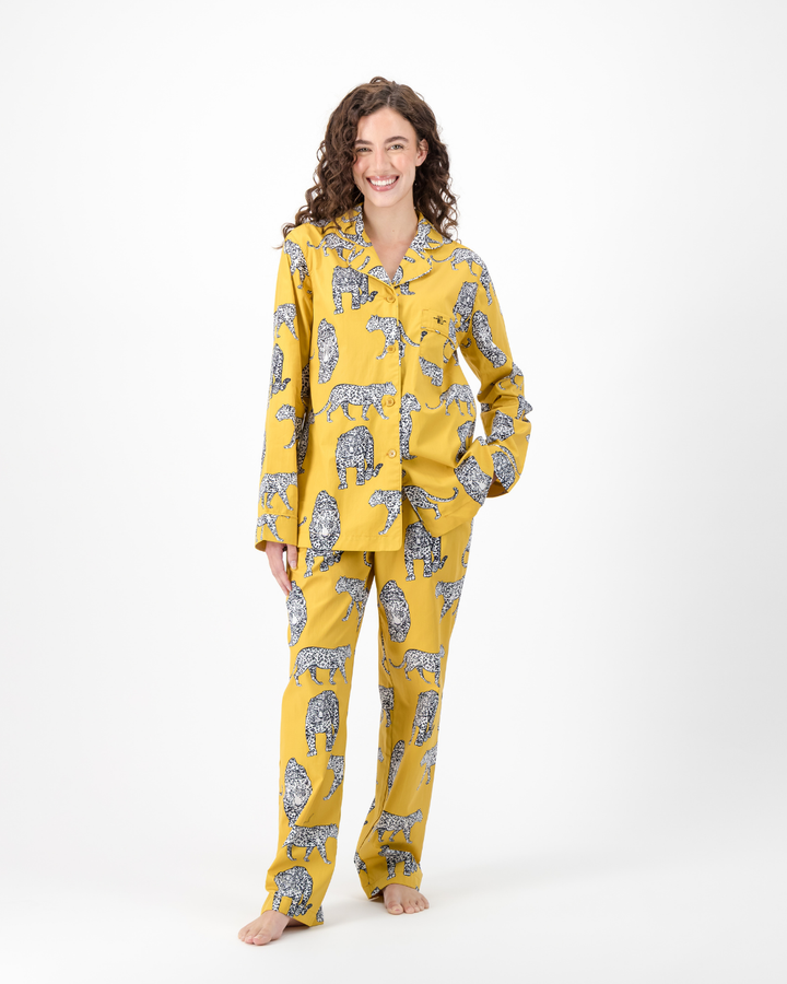Womens Long Pyjamas - Mono Leopard on Mustard