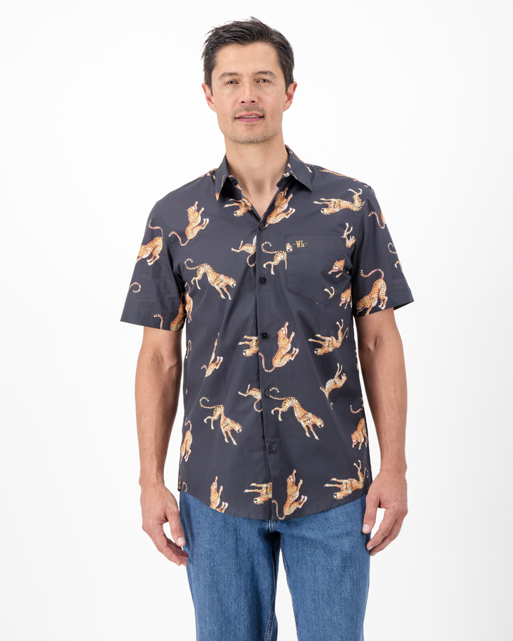 Mens Holiday Shirt - Jumping Cheetah on Charcoal
