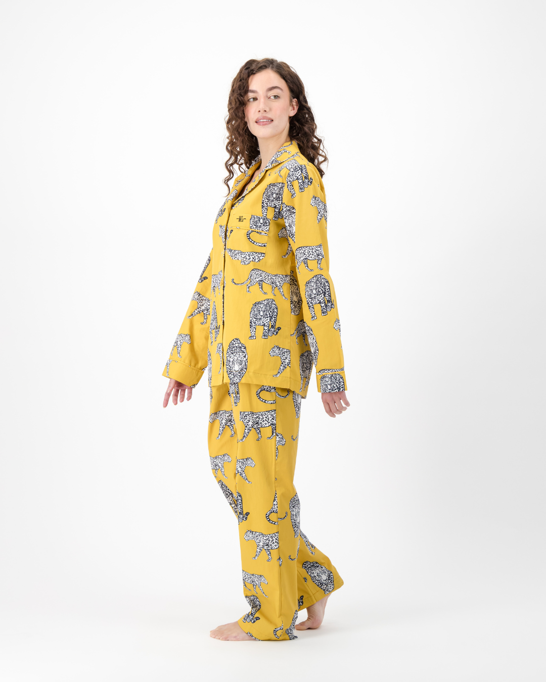 Womens Long Pyjamas - Mono Leopard on Mustard