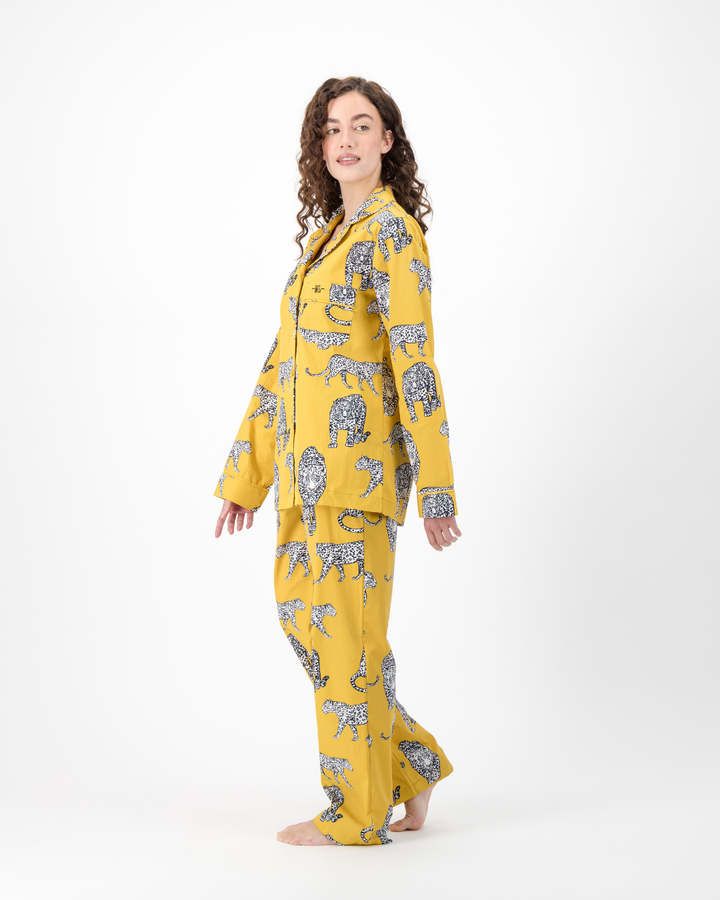 Womens Long Pyjamas - Mono Leopard on Mustard