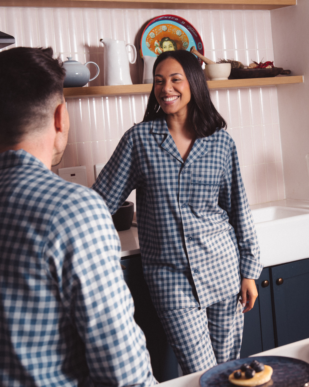 Womens Long Pyjamas - Grey Gingham on Navy