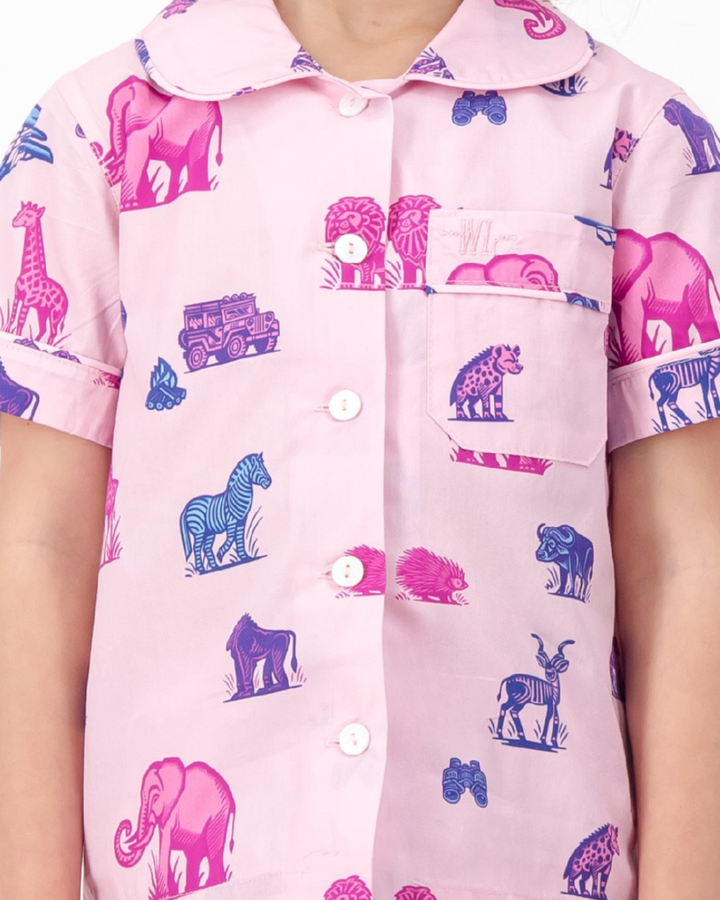 Girls Short Pyjamas - Safari Animals on Pink