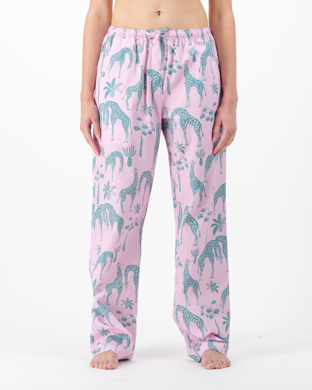 Womens Lounge Pants - Green Giraffes on Pink