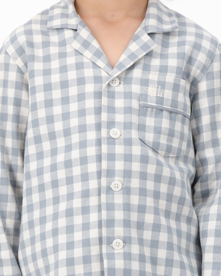 Kids Long Pyjama with Revere Collar - Grey Gingham on Cream