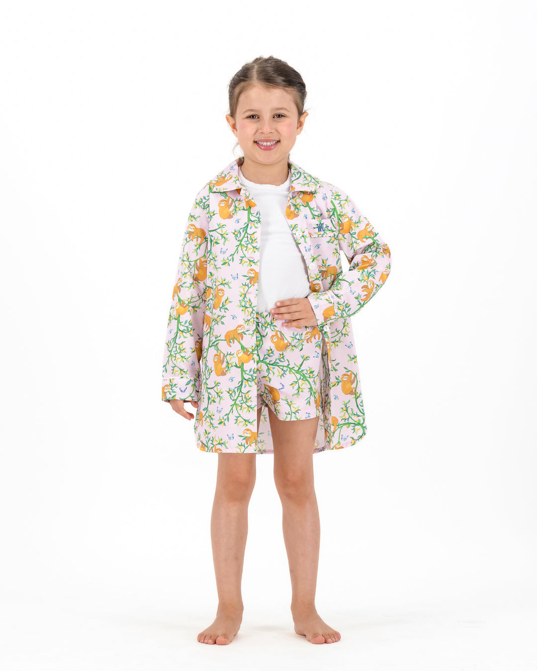Girls Long Sleeve Sleepshirt and Shorts Set - Sloths and Blue Butterflies on Pink