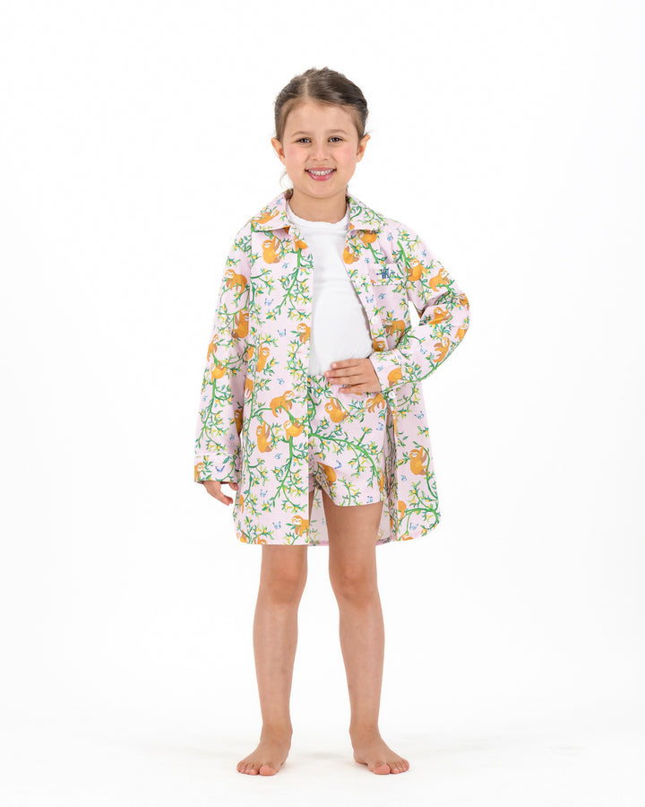 Girls Long Sleeve Sleepshirt and Shorts Set - Sloths and Blue Butterflies on Pink