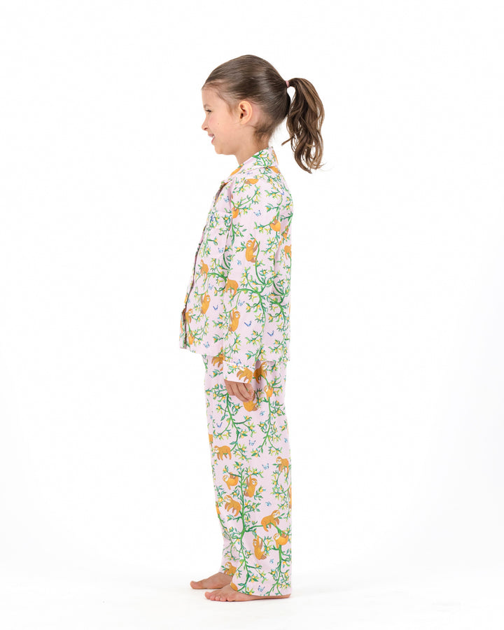 Girls Long Pyjamas - Sloths and Blue Butterflies on Pink