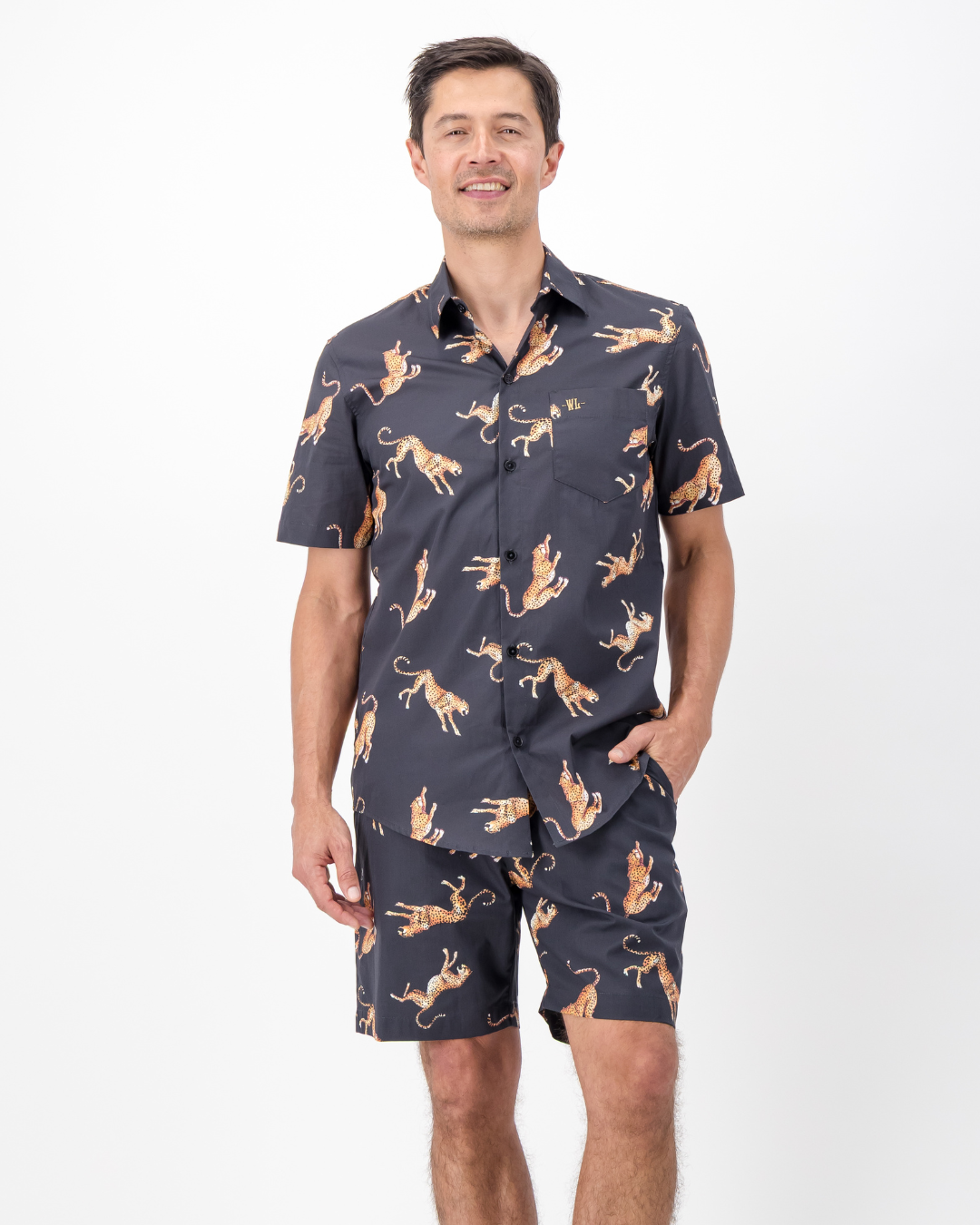 Mens Lounge Shorts - Jumping Cheetah on Charcoal