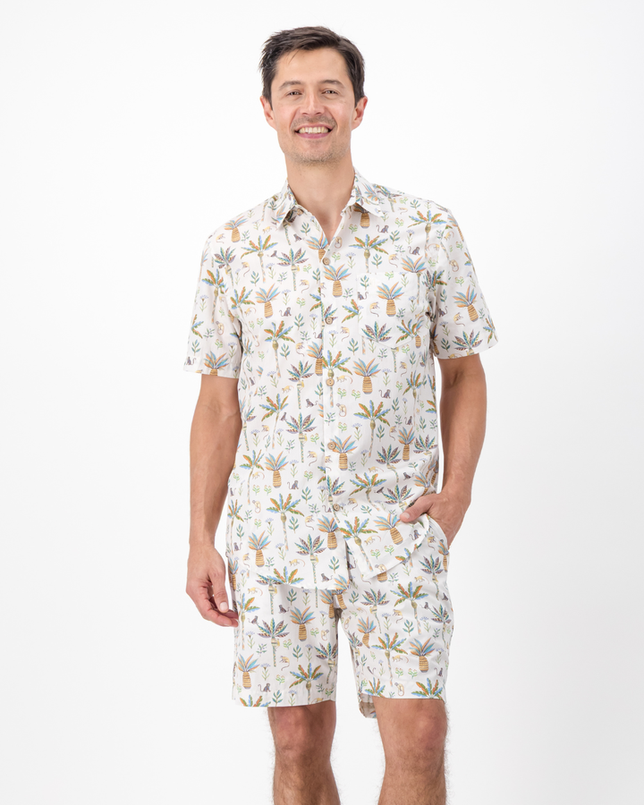 Mens Holiday Shirt - Monkeys and Palms on Off-White