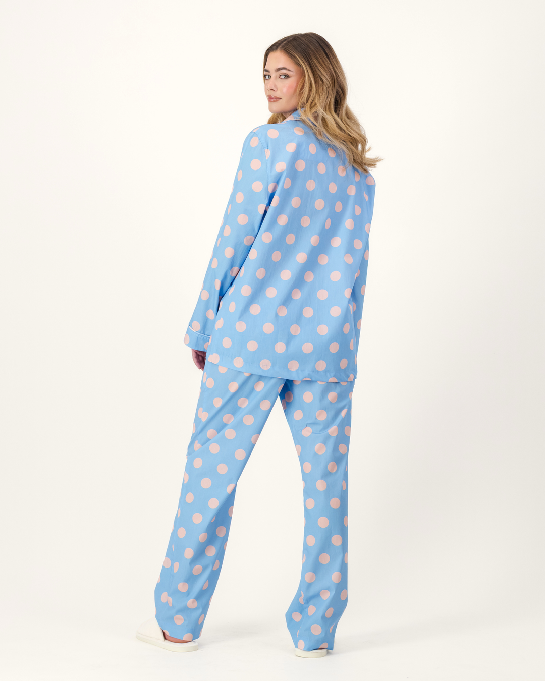Womens Long Pyjamas - Pink Polka on Baby Blue