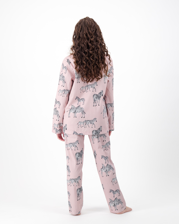 Womens Long Pyjamas - Mono Zebra on Pink