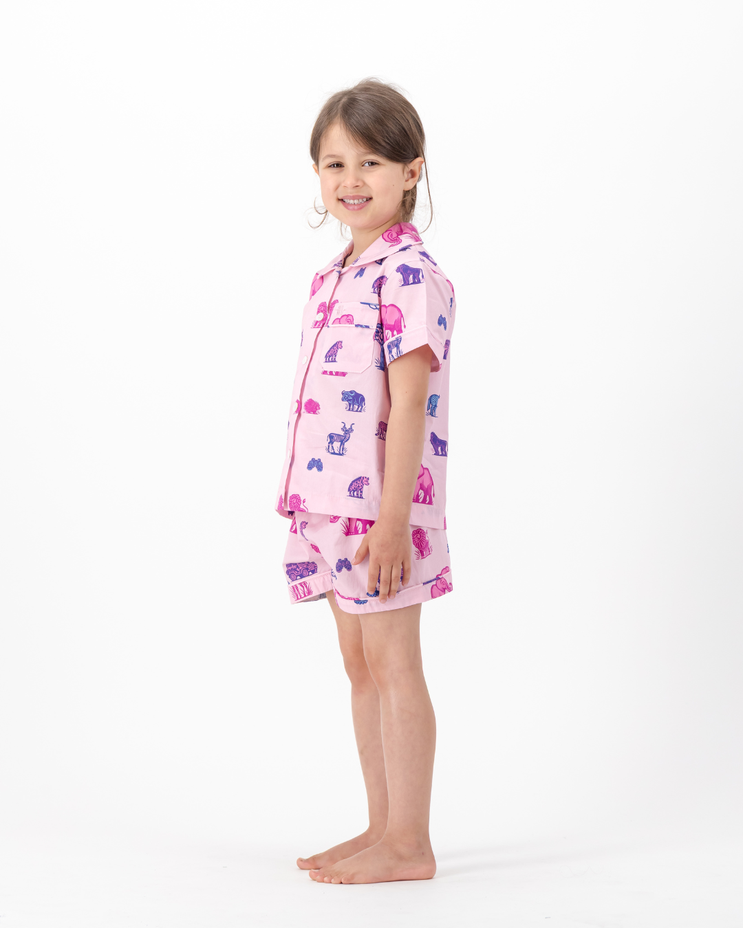 Girls Short Pyjamas - Safari Animals on Pink