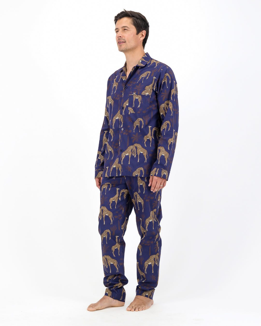 Mens Long Pyjamas - Brown Giraffes on Navy