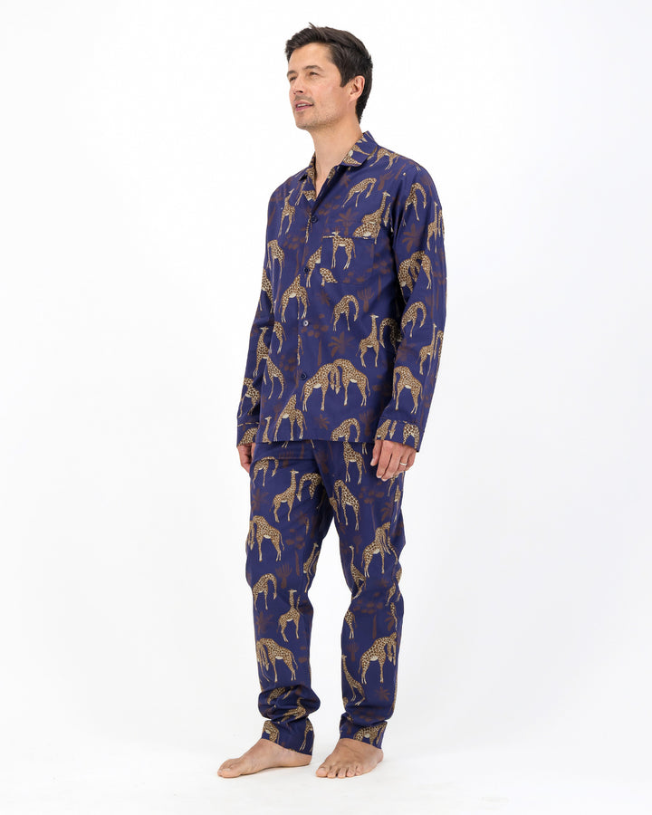 Mens Long Pyjamas - Brown Giraffes on Navy