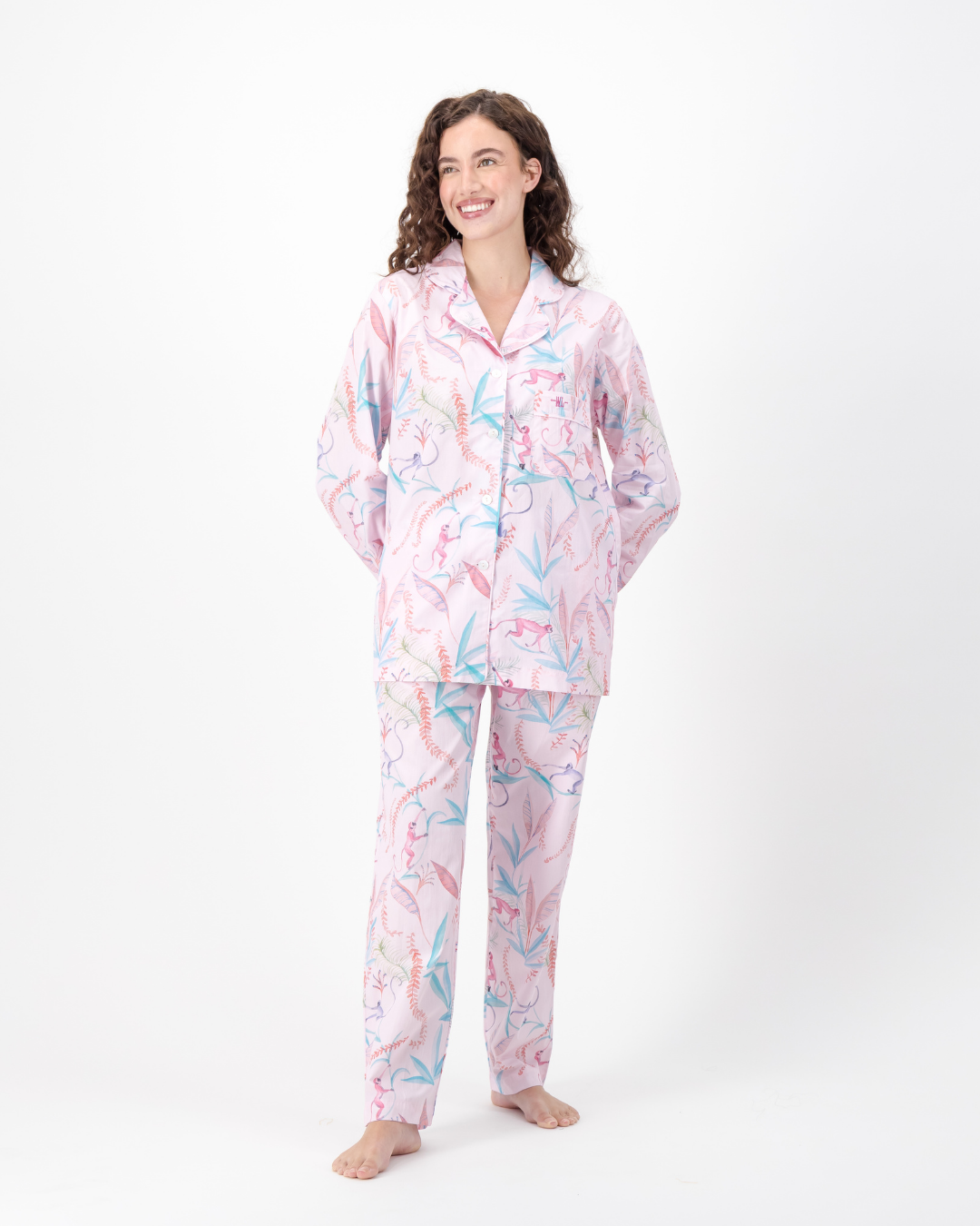 Womens Long Pyjamas - Monkeys on Pink