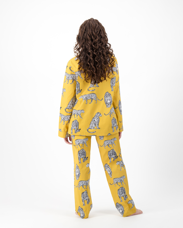 Womens Long Pyjamas - Mono Leopard on Mustard