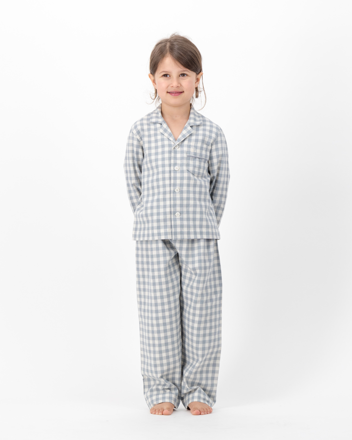 Kids Long Pyjama with Revere Collar - Grey Gingham on Cream
