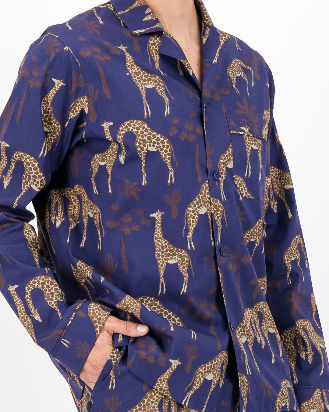 Mens Long Pyjamas - Brown Giraffes on Navy