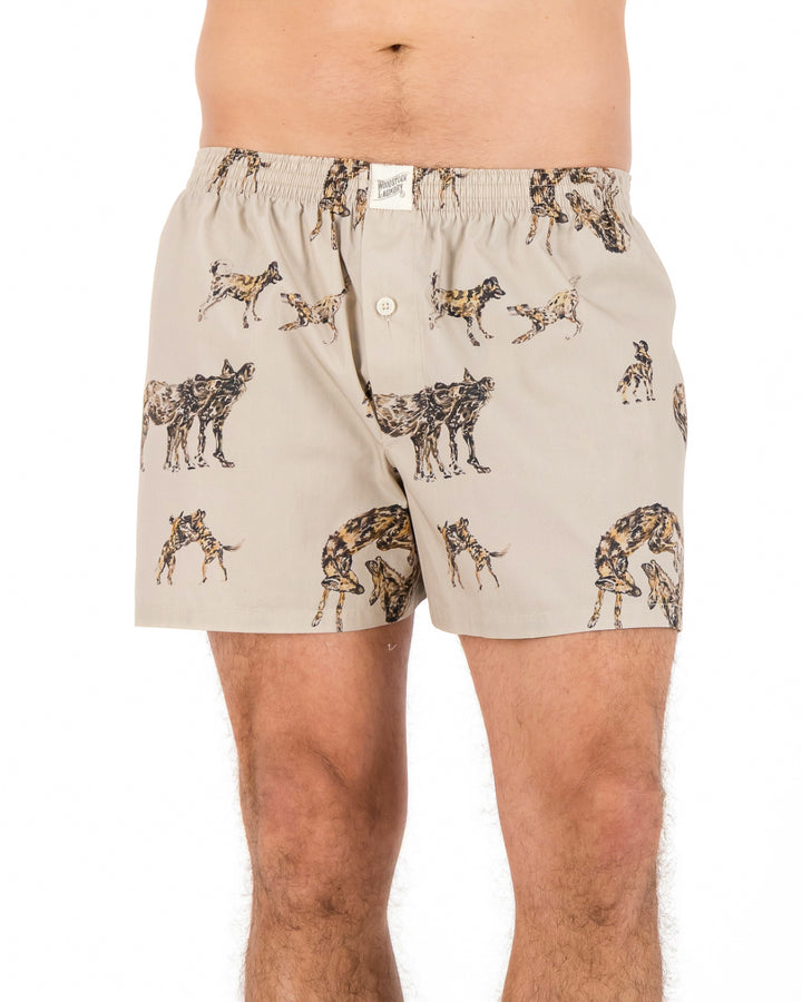 Mens Boxer Shorts - Wild Dogs on Beige