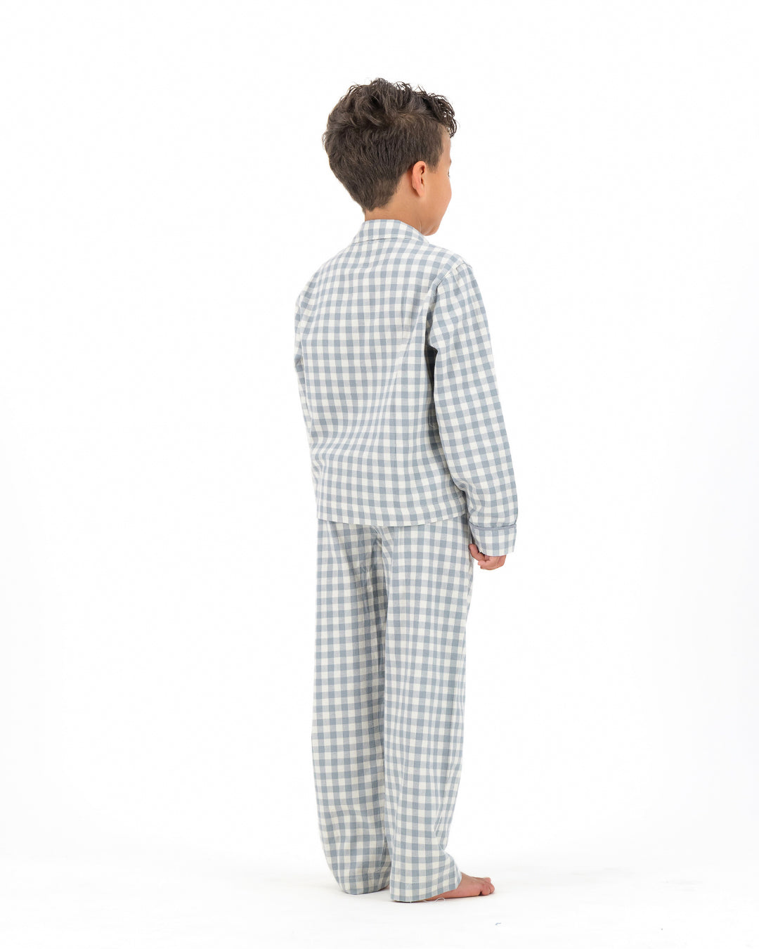 Kids Long Pyjamas - Grey Gingham on Cream
