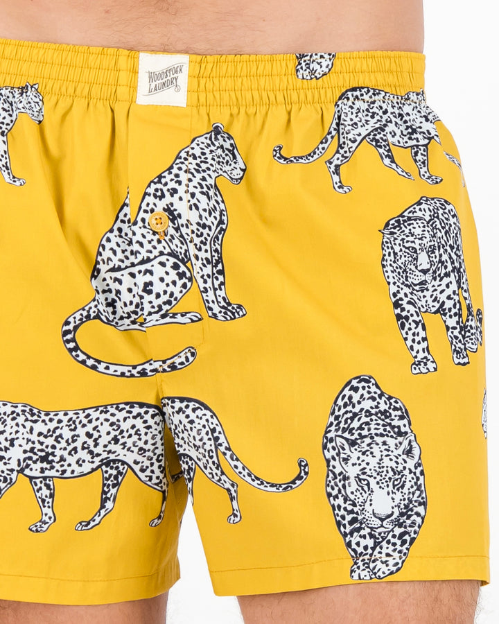Mens Boxer Shorts - Mono Leopard on Mustard