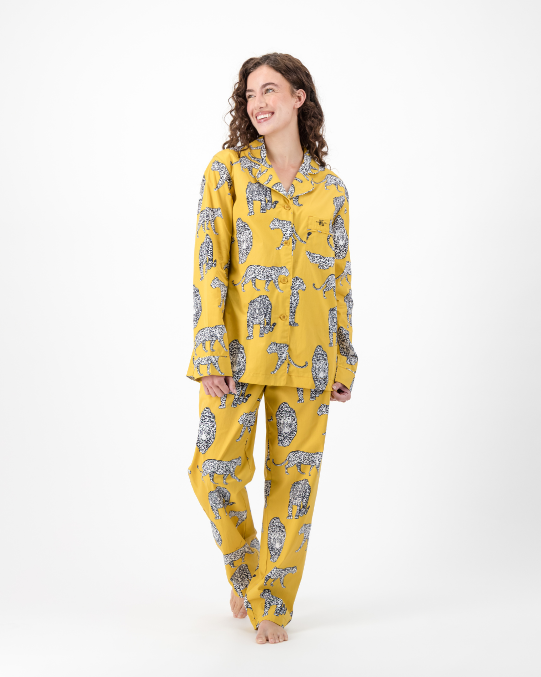 Womens Long Pyjamas - Mono Leopard on Mustard