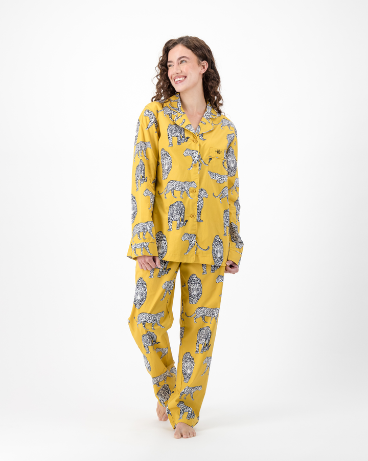 Womens Long Pyjamas - Mono Leopard on Mustard