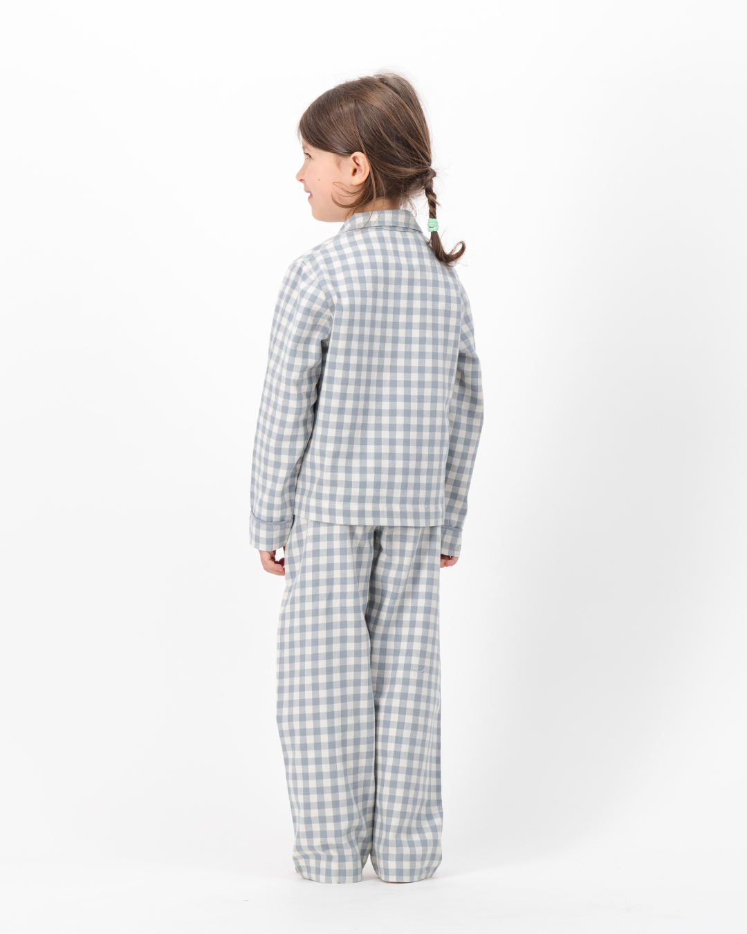 Kids Long Pyjama with Revere Collar - Grey Gingham on Cream