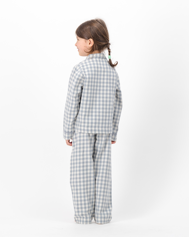 Kids Long Pyjama with Revere Collar - Grey Gingham on Cream