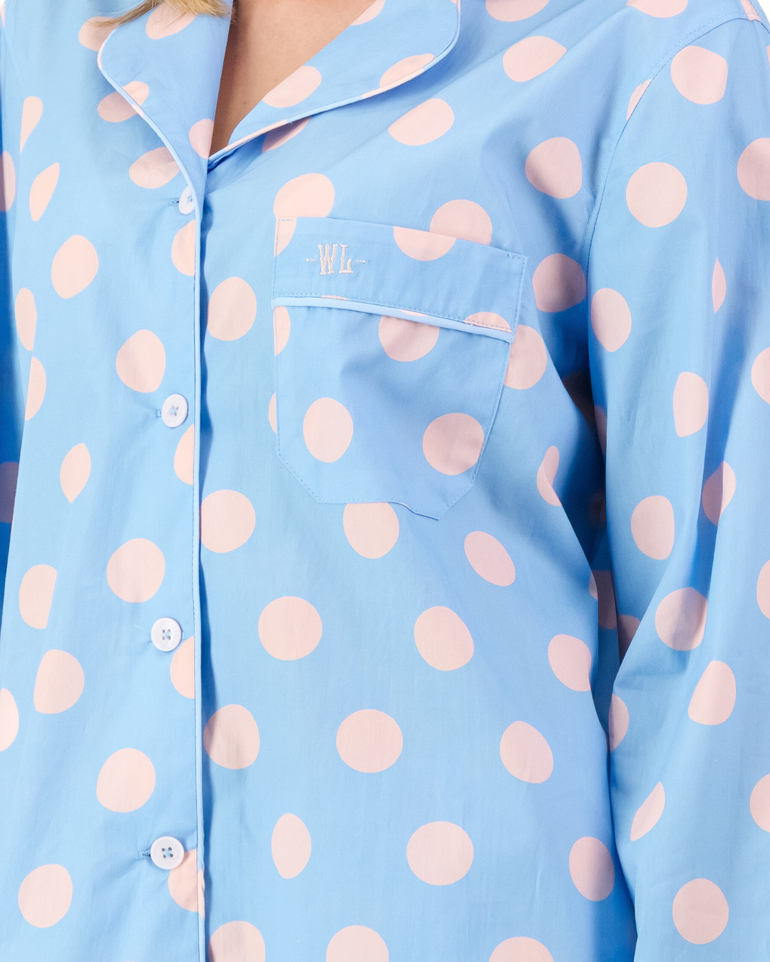 Womens Long Pyjamas - Pink Polka on Baby Blue