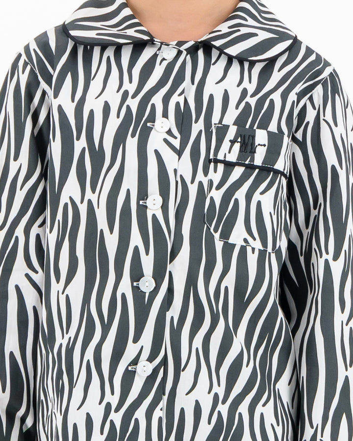 Girls Long Pyjamas - Black Zebra Print on White