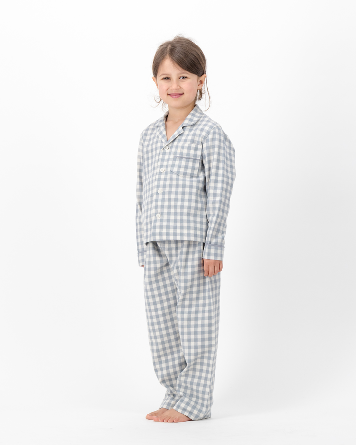 Kids Long Pyjama with Revere Collar - Grey Gingham on Cream