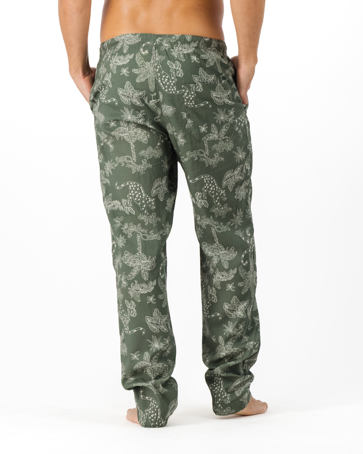 Mens Linen Lounge Pants - Tropical Leopard on Olive