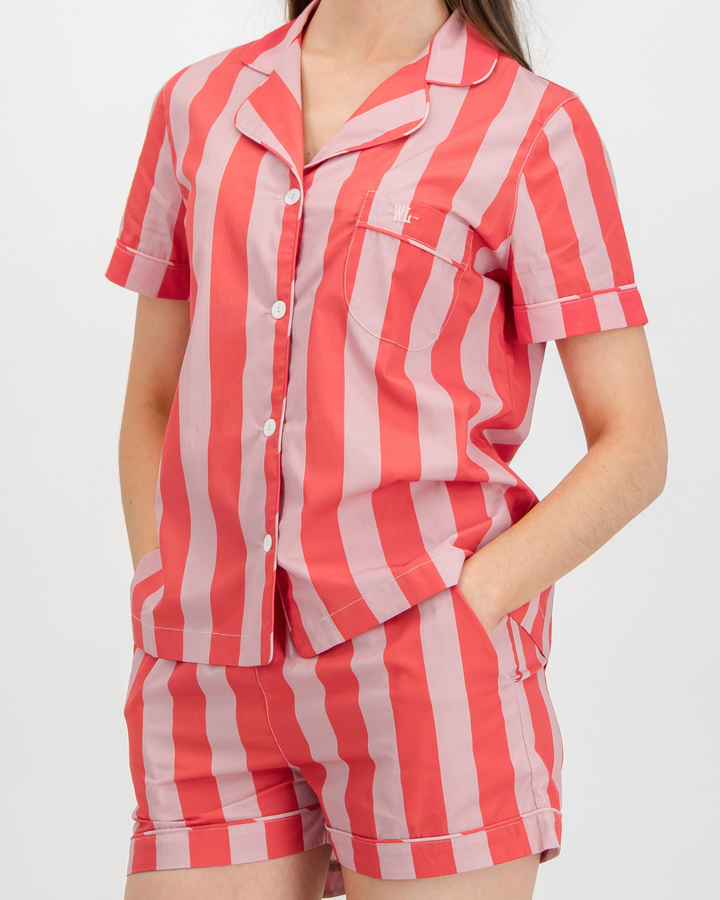 Womens Short Pyjamas - Pink Stripe on Red