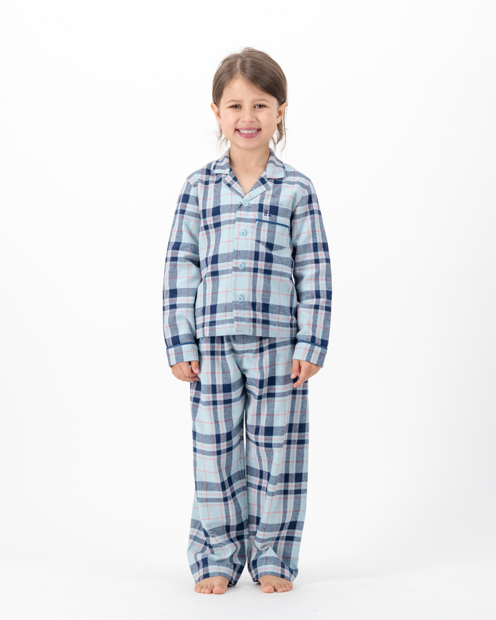 Kids Long Pyjama with Revere Collar - Billy on Turquoise