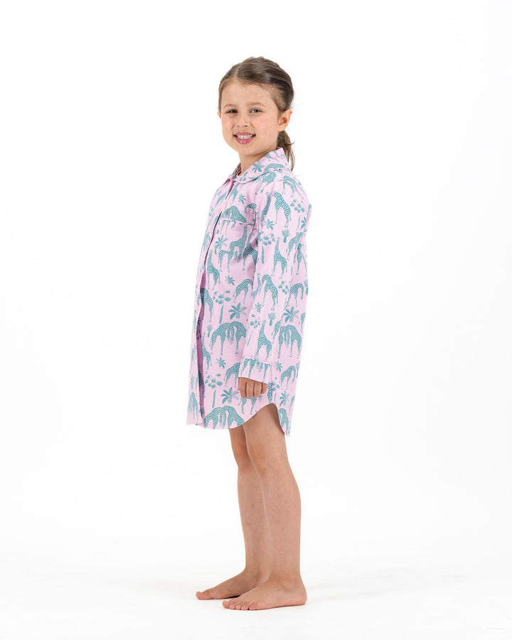 Girls Long Sleeve Sleepshirt and Shorts Set - Green Giraffes on Pink