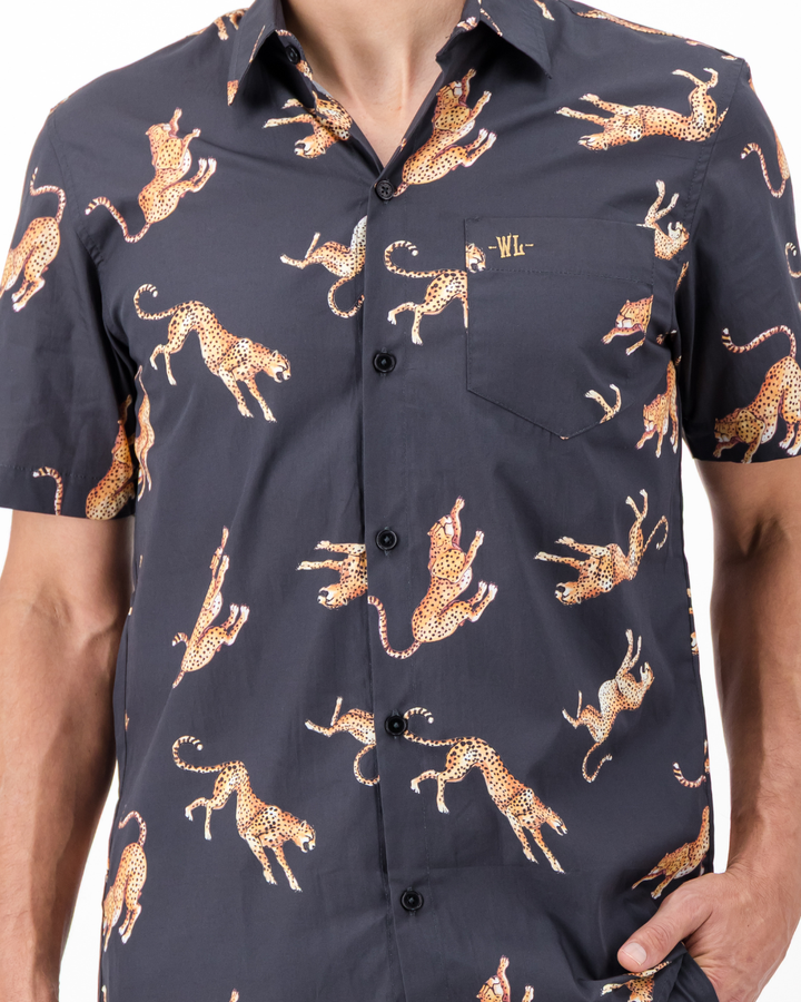 Mens Holiday Shirt - Jumping Cheetah on Charcoal