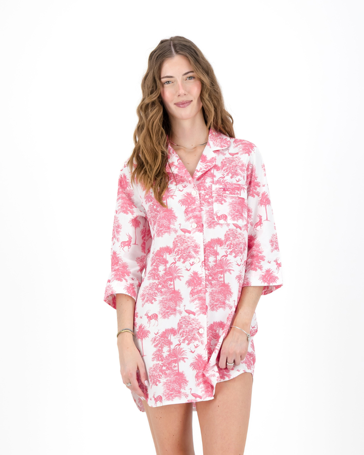 Womens Sleepshirt - Pink Mono Safari on White