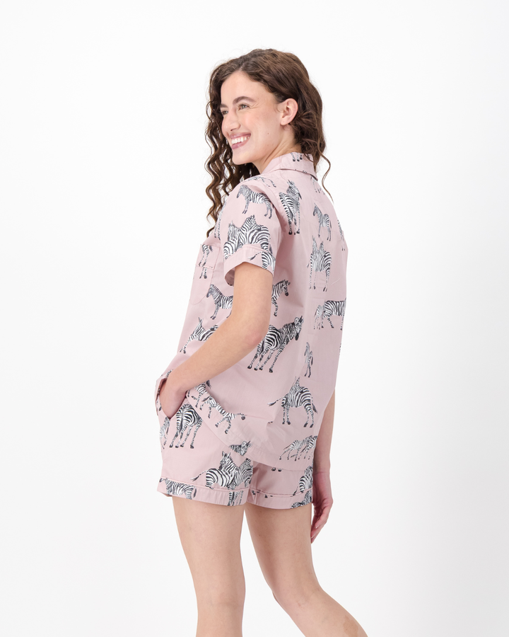 Womens Short Pyjamas - Mono Zebra on Pink